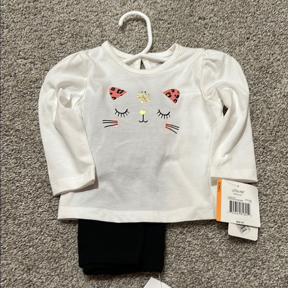 NWT Little Me White Cat Face Long Sleeve Shirt with Black Leggings Set